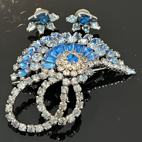 Vintage Rare Early Sherman Brooch Earrings Dome Signed Blue Rhinestones - Picture 11 of 17